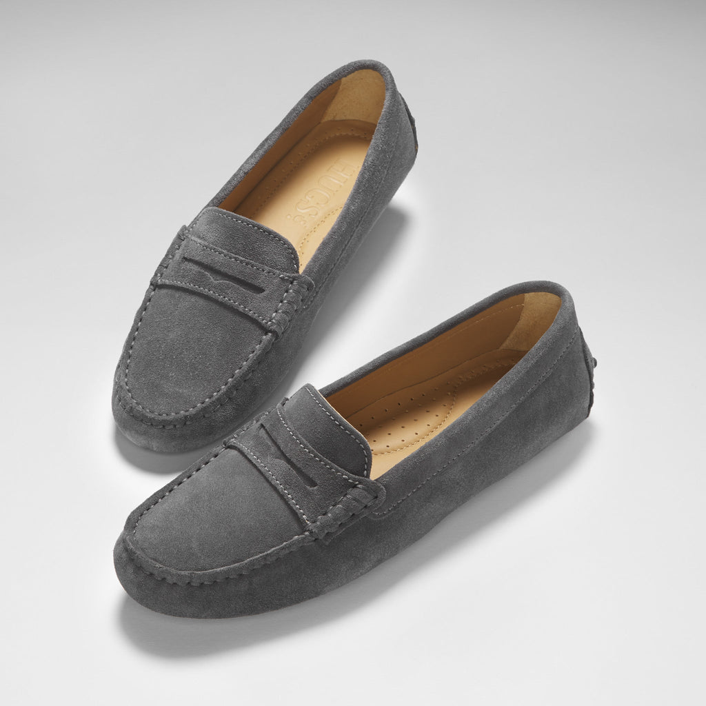 Hugs & Co Womens Penny Driving Loafers Slate Grey Suede