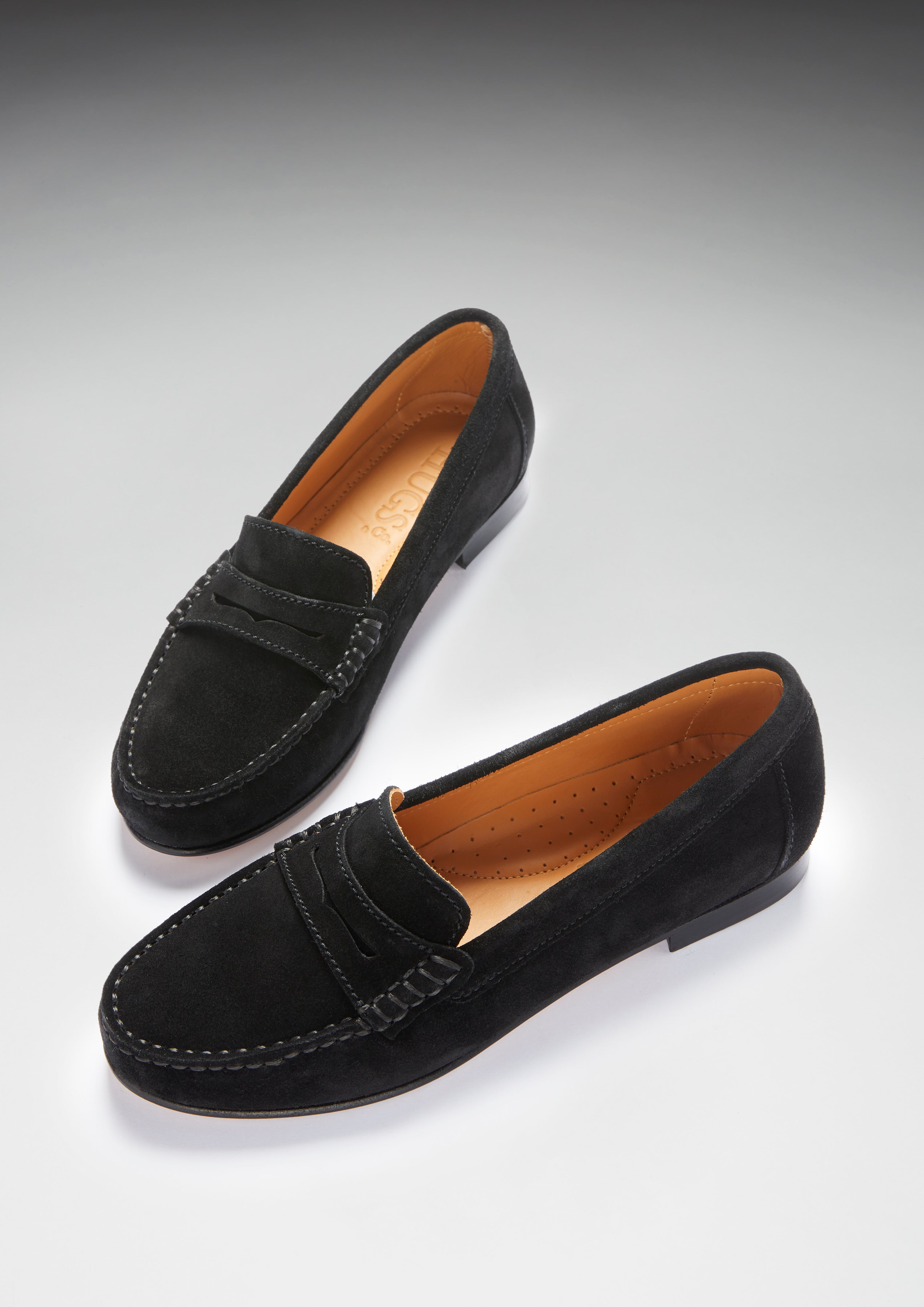 Hugs & Co Womens Penny Loafers Leather Sole Black Suede