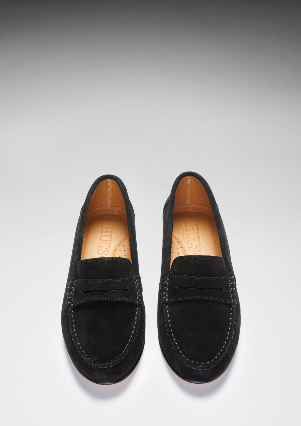 Hugs & Co Womens Penny Loafers Leather Sole Black Suede