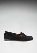 Hugs & Co Womens Penny Loafers Leather Sole Black Suede