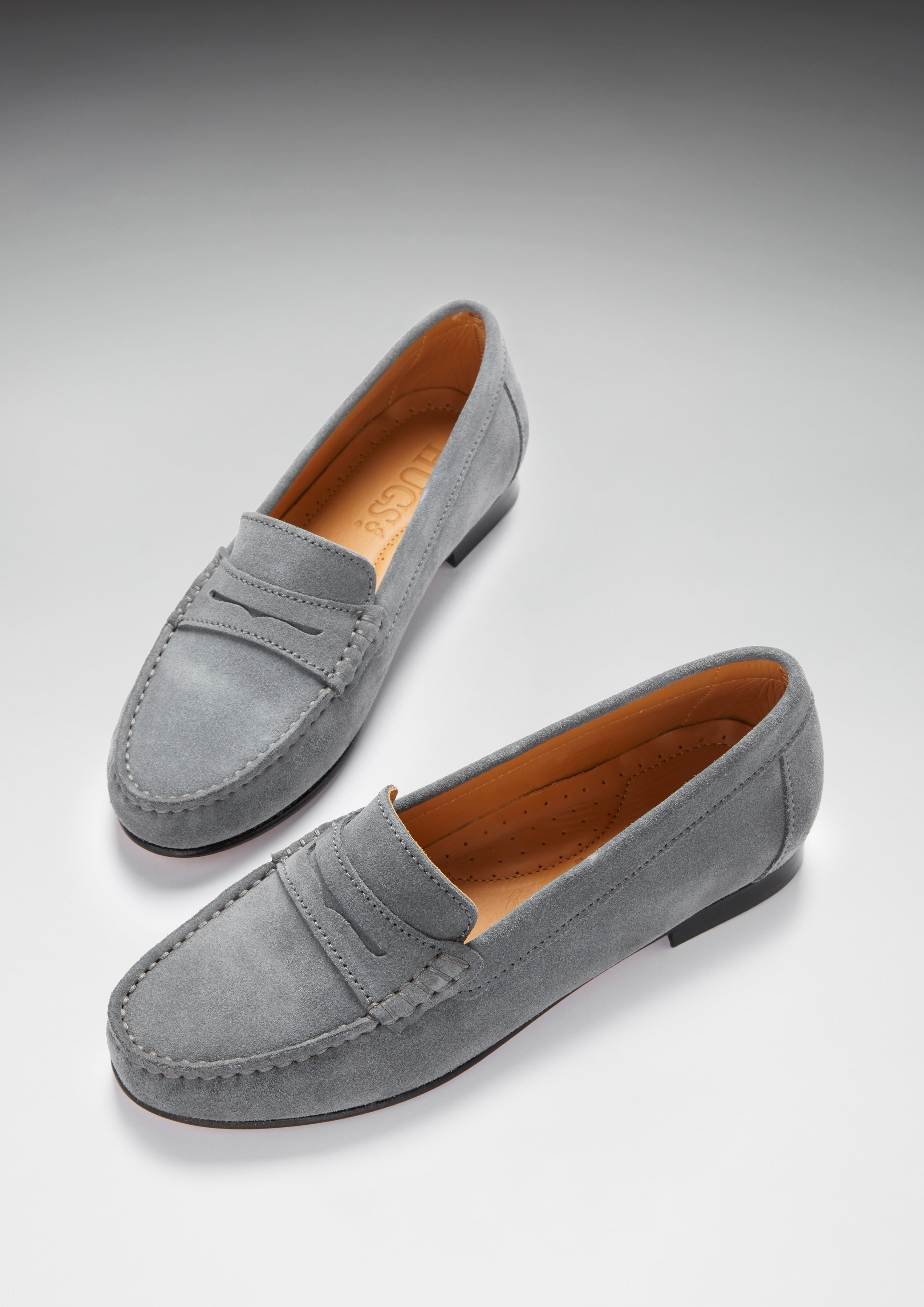 Hugs & Co Womens Penny Loafers Leather Sole Slate Grey Suede