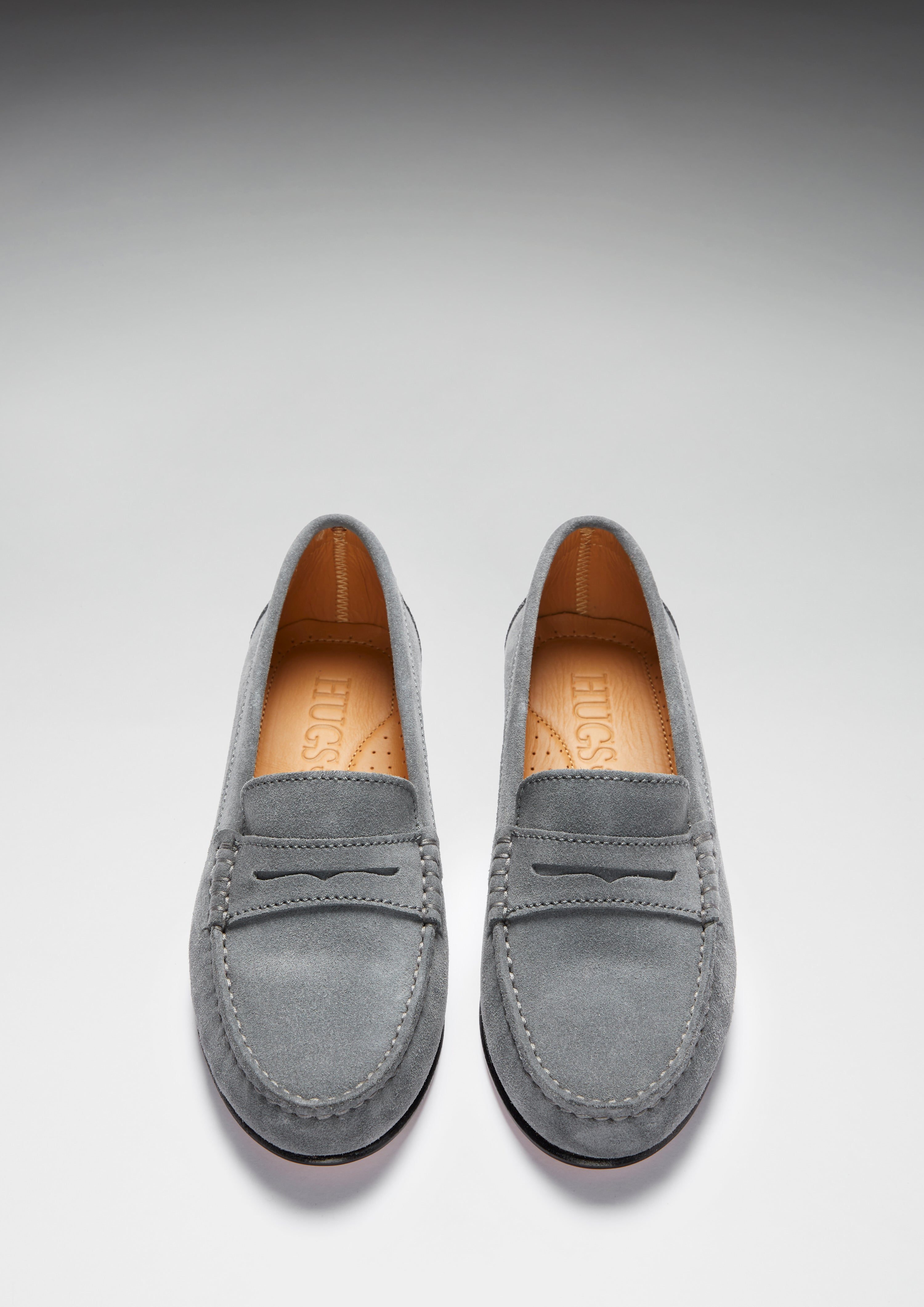 Hugs & Co Womens Penny Loafers Leather Sole Slate Grey Suede