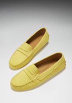 Hugs & Co Womens Penny Driving Loafers Yellow Embossed Suede