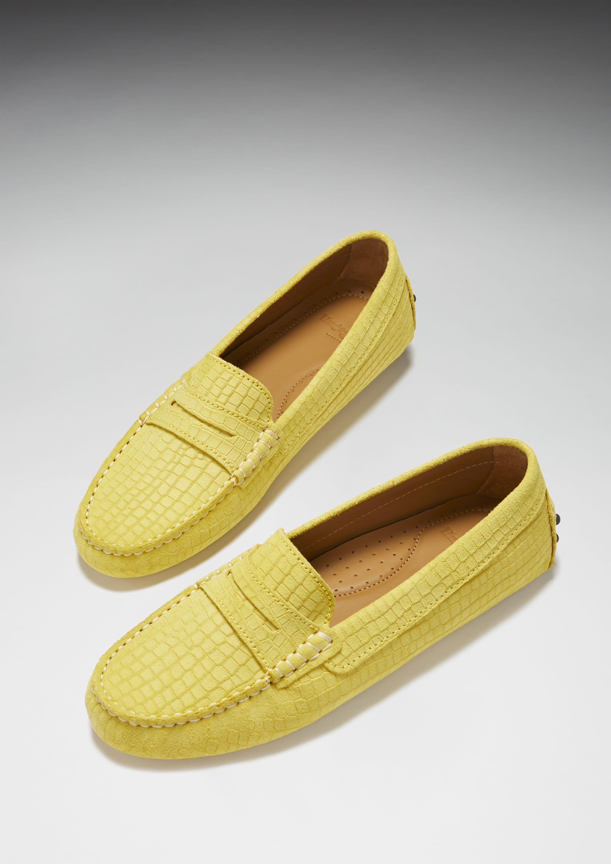 Hugs & Co Womens Penny Driving Loafers Yellow Embossed Suede