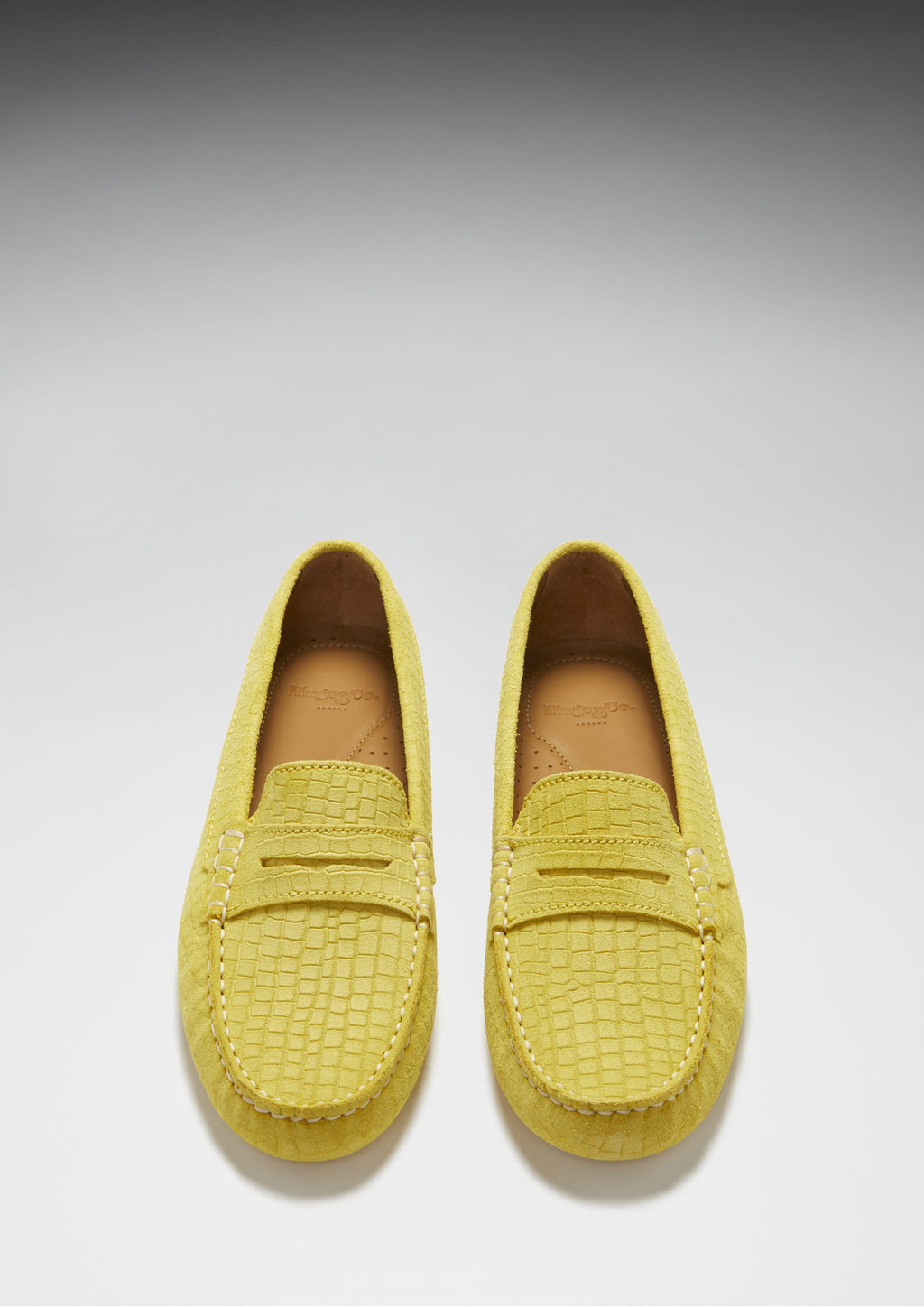 Hugs & Co Womens Penny Driving Loafers Yellow Embossed Suede