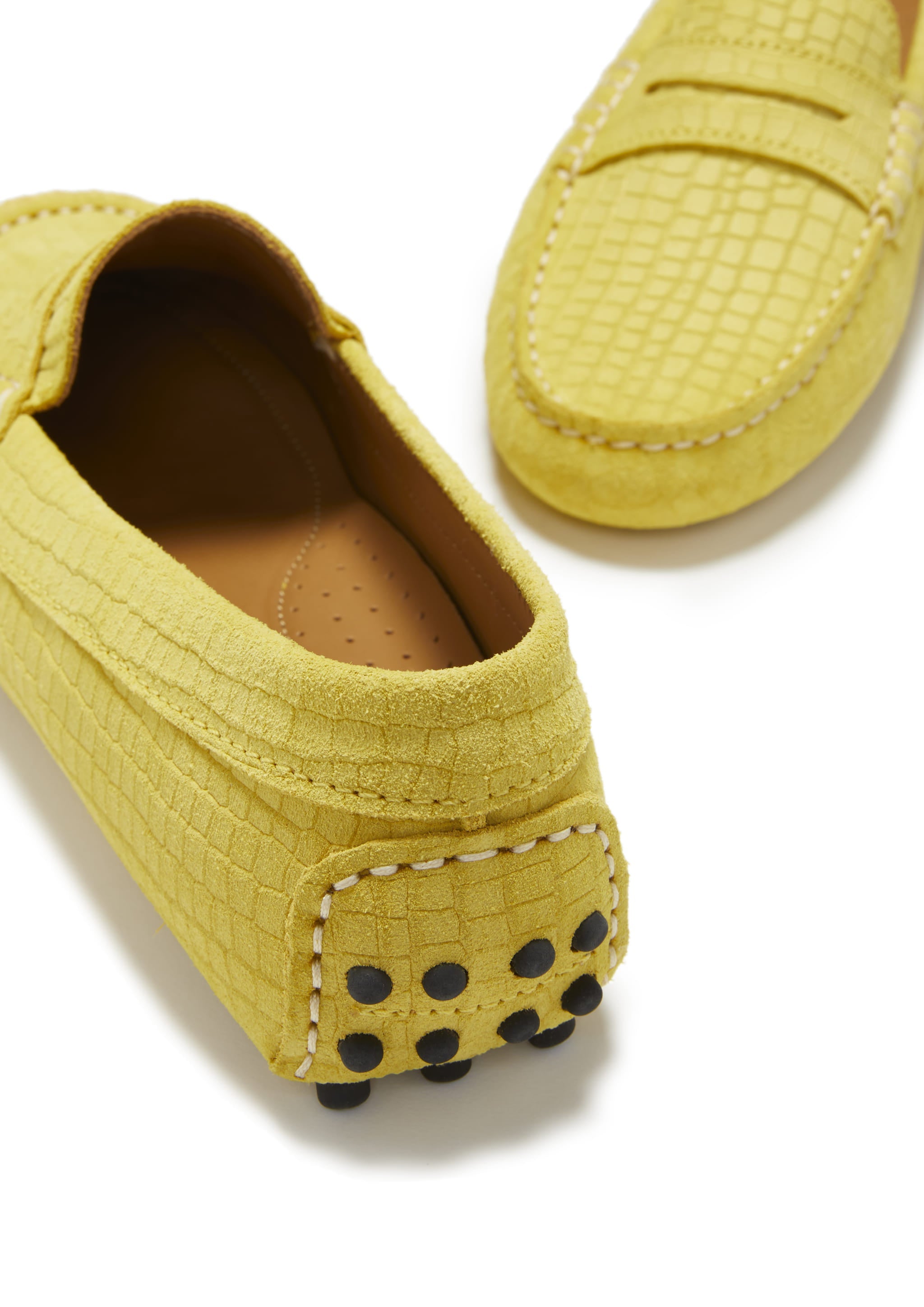 Hugs & Co Womens Penny Driving Loafers Yellow Embossed Suede