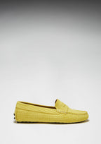 Hugs & Co Womens Penny Driving Loafers Yellow Embossed Suede