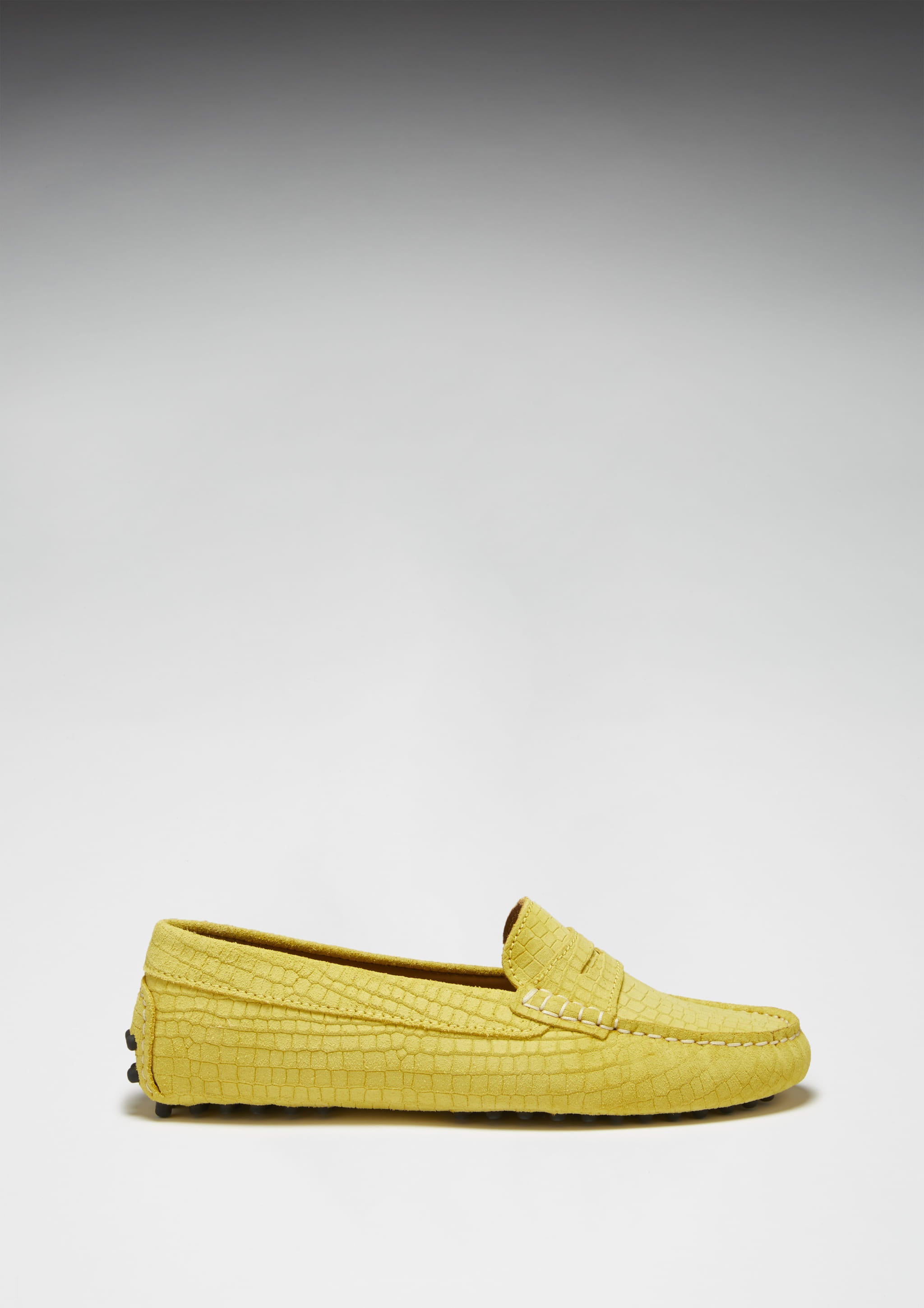 Hugs & Co Womens Penny Driving Loafers Yellow Embossed Suede