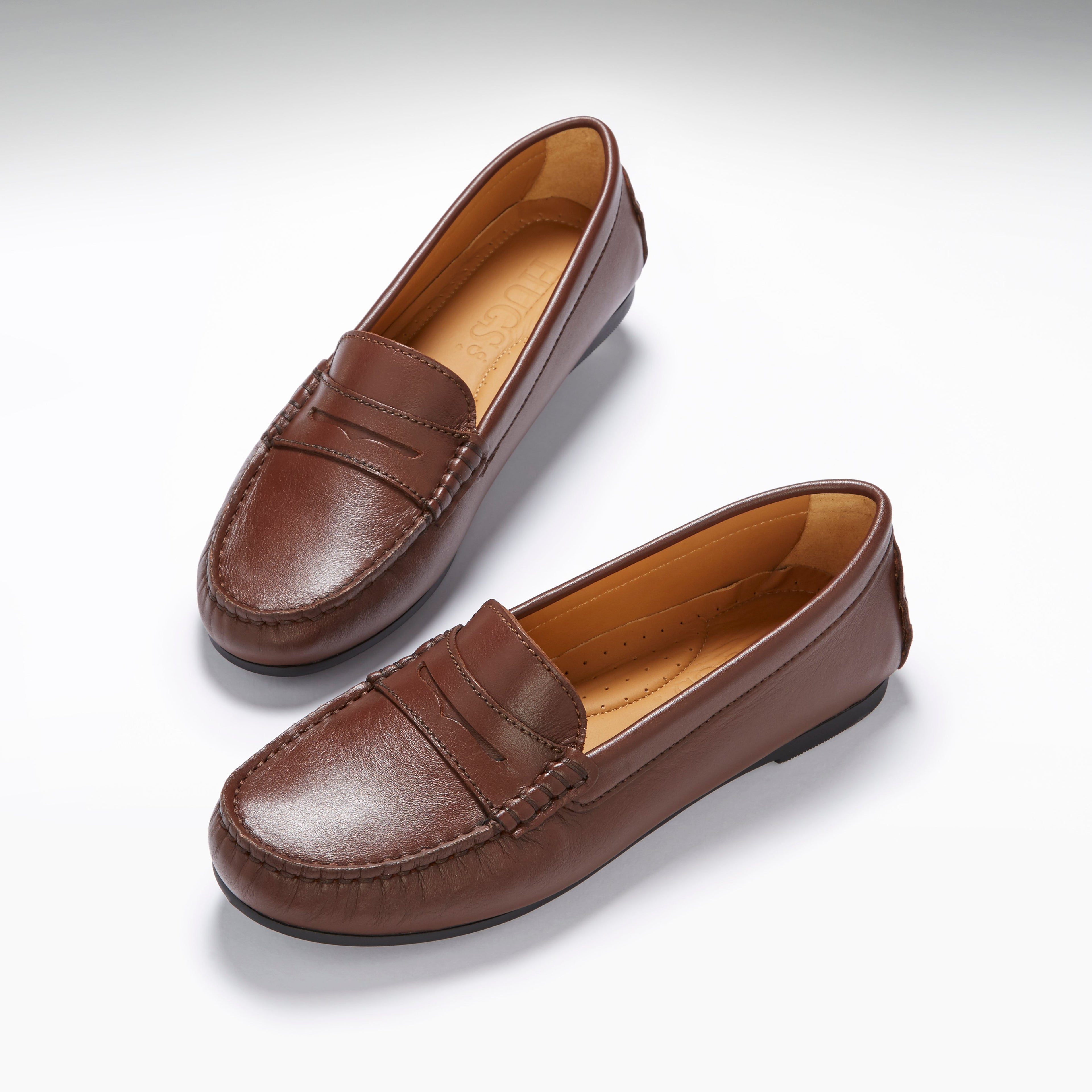 Hugs & Co Womens Penny Driving Loafers Full Rubber Sole Brown Leather
