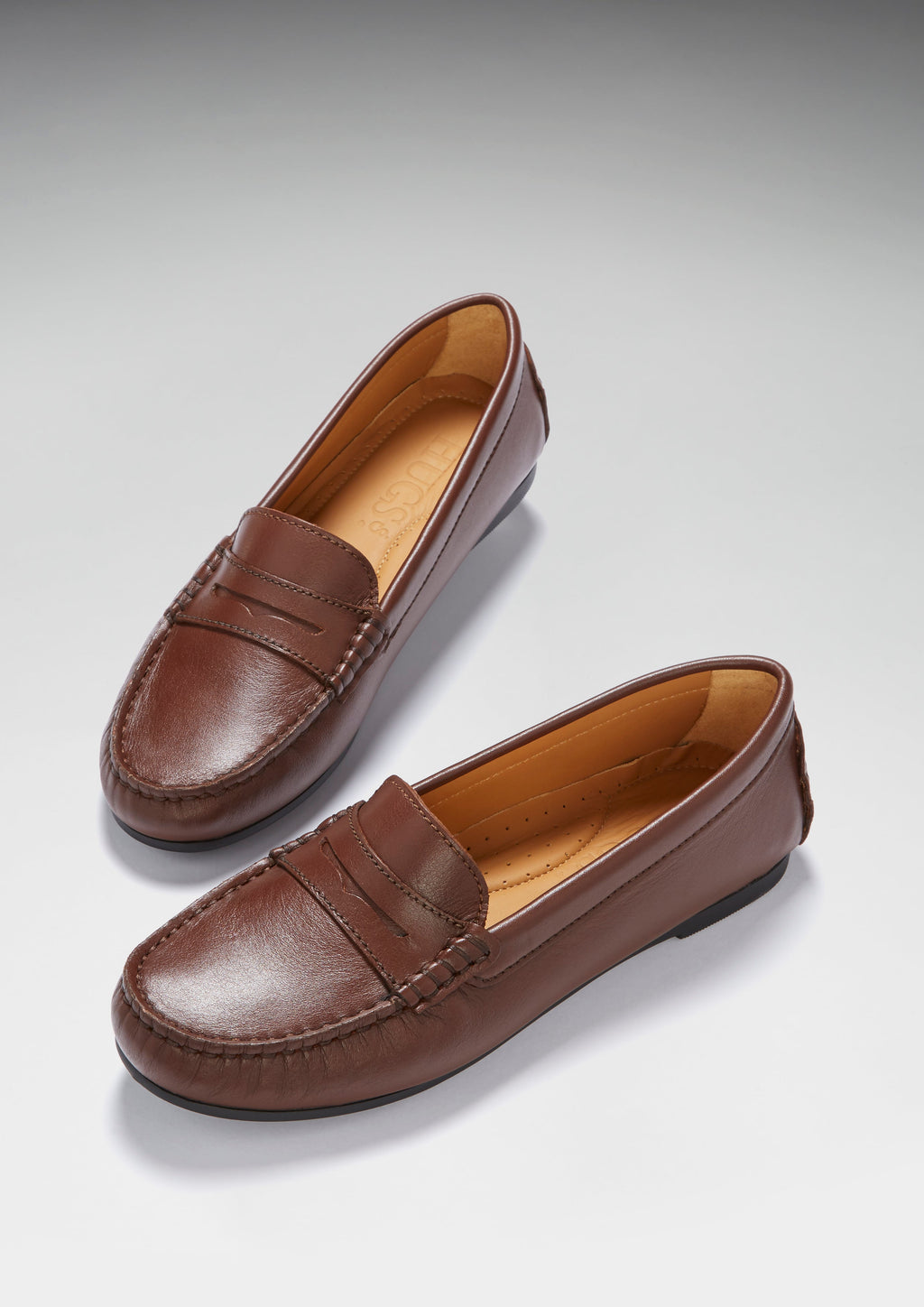 Hugs & Co Womens Penny Driving Loafers Full Rubber Sole Brown Leather