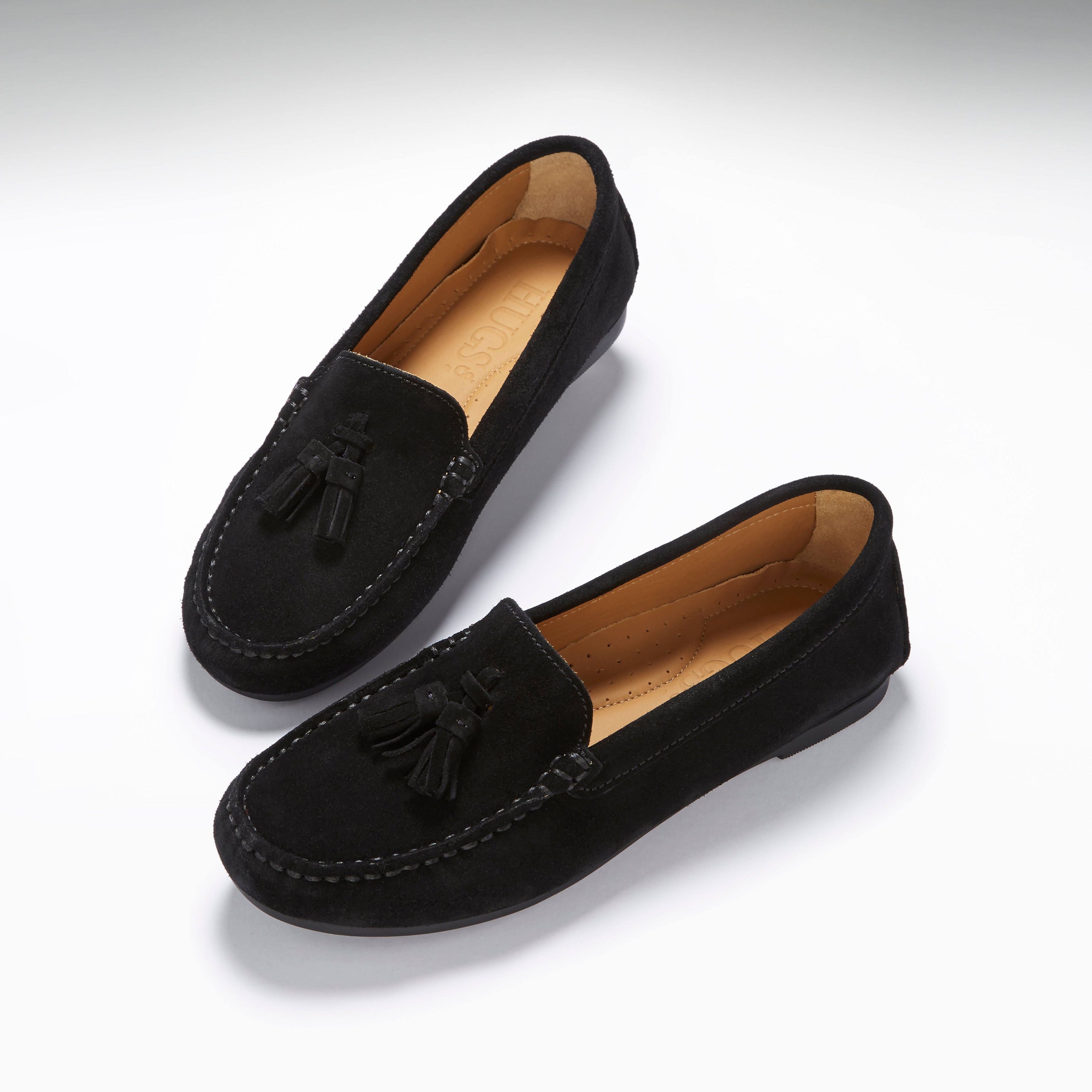 Hugs & Co Womens Tasselled Driving Loafers Full Rubber Sole Black Suede