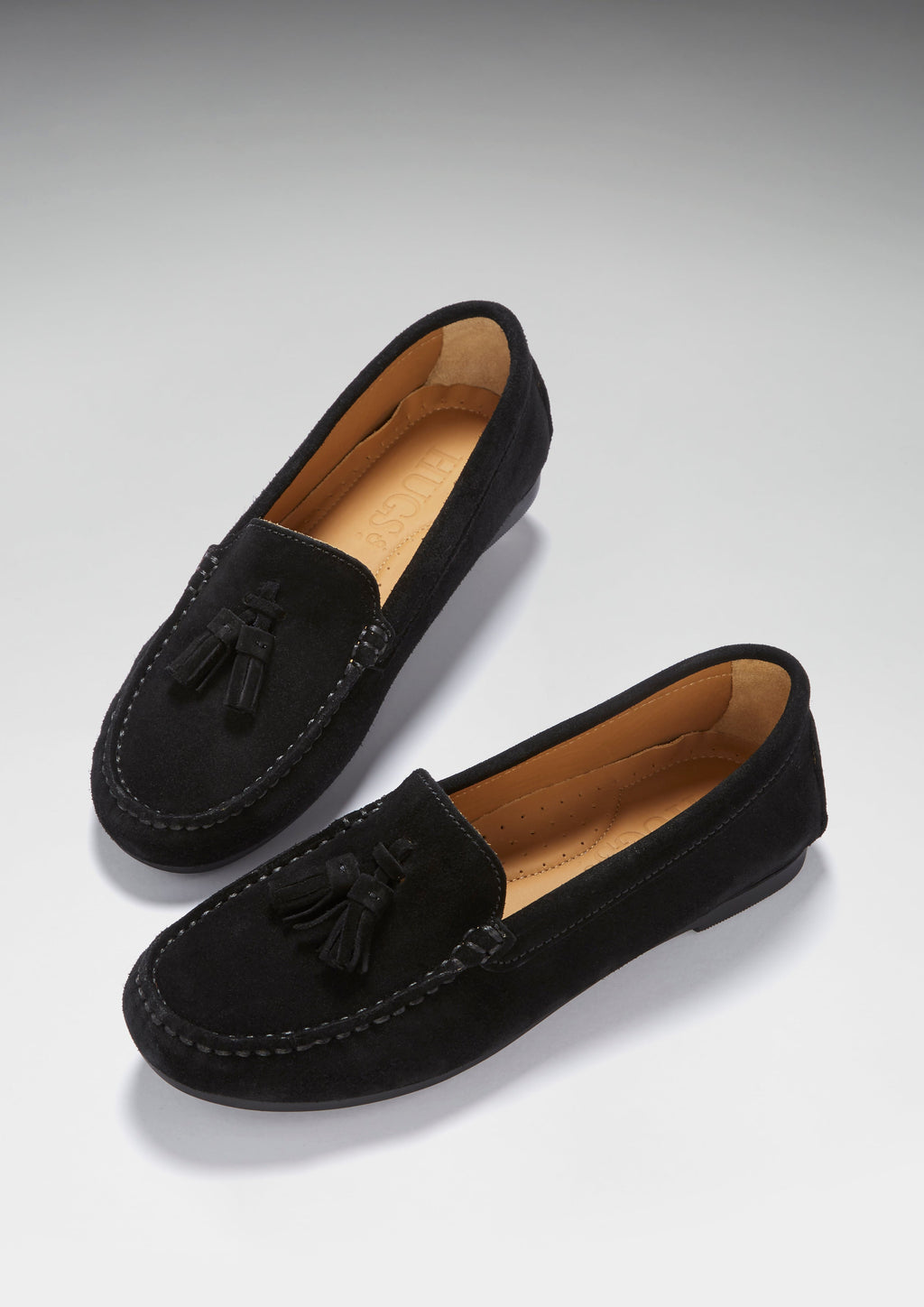 Hugs & Co Womens Tasselled Driving Loafers Full Rubber Sole Black Suede