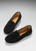 Hugs & Co Womens Tasselled Driving Loafers Full Rubber Sole Black Suede