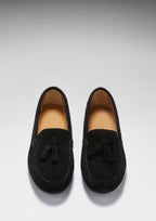 Hugs & Co Womens Tasselled Driving Loafers Full Rubber Sole Black Suede