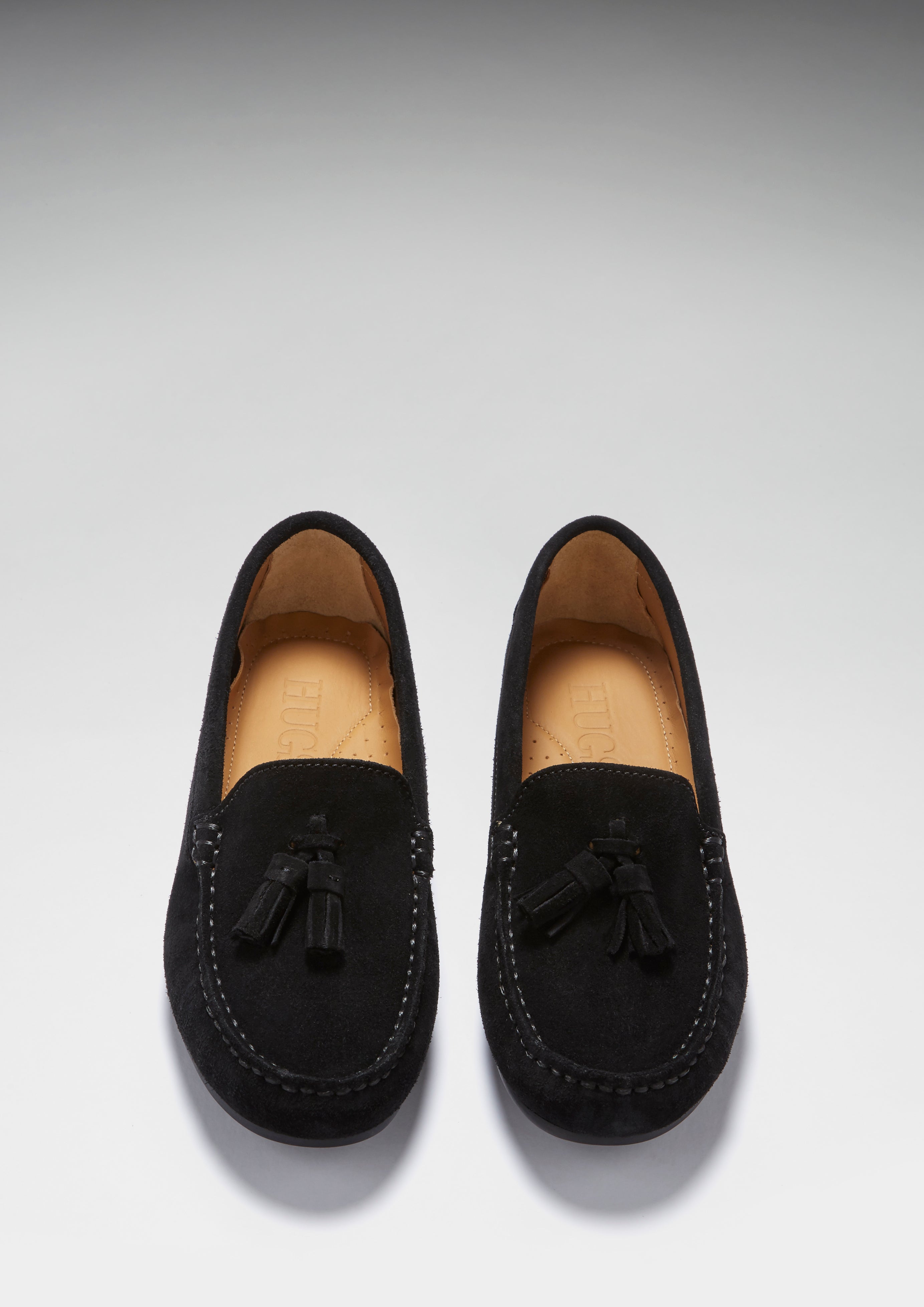 Hugs & Co Womens Tasselled Driving Loafers Full Rubber Sole Black Suede
