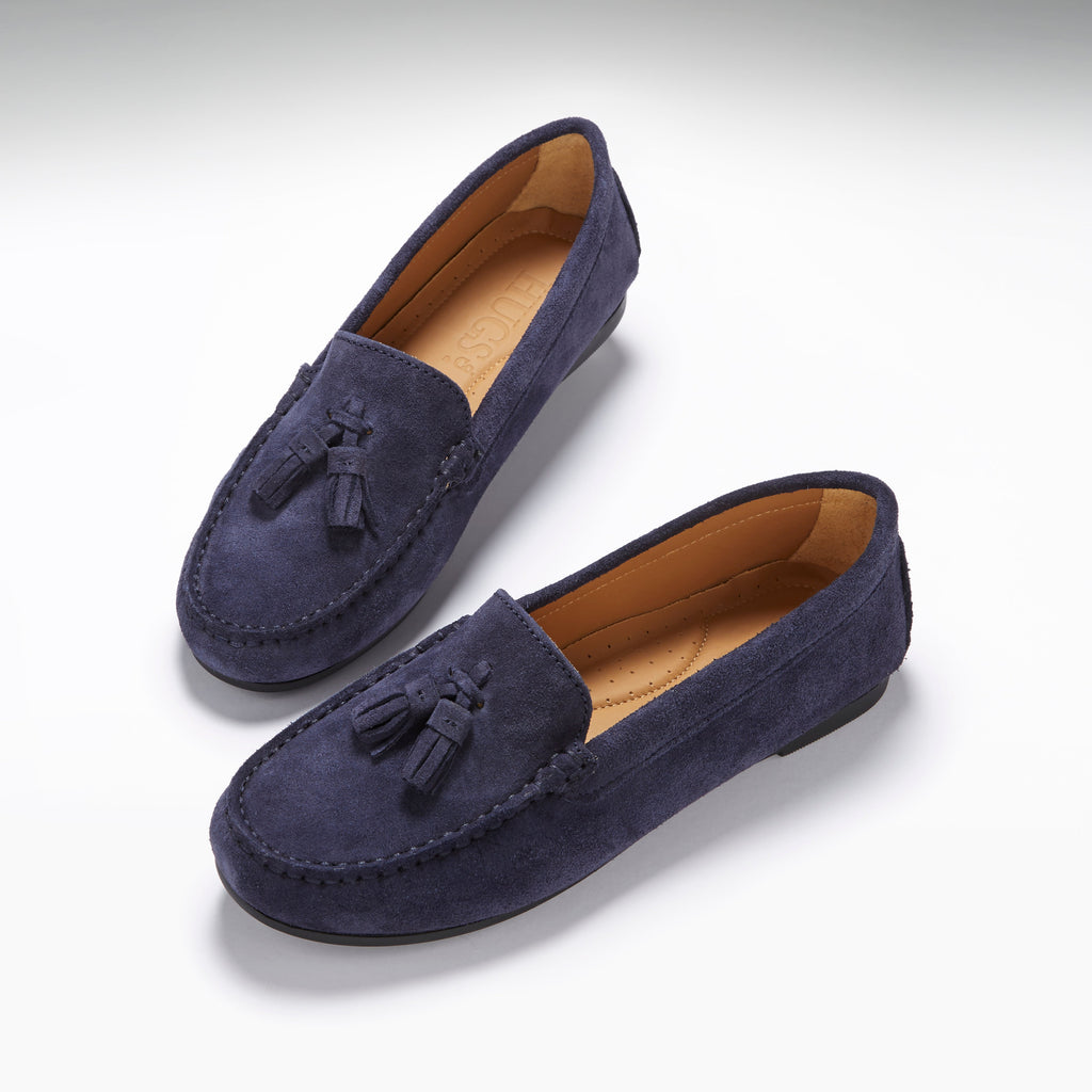 Hugs & Co Womens Tasselled Driving Loafers Full Rubber Sole Navy Blue Suede