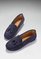 Hugs & Co Womens Tasselled Driving Loafers Full Rubber Sole Navy Blue Suede