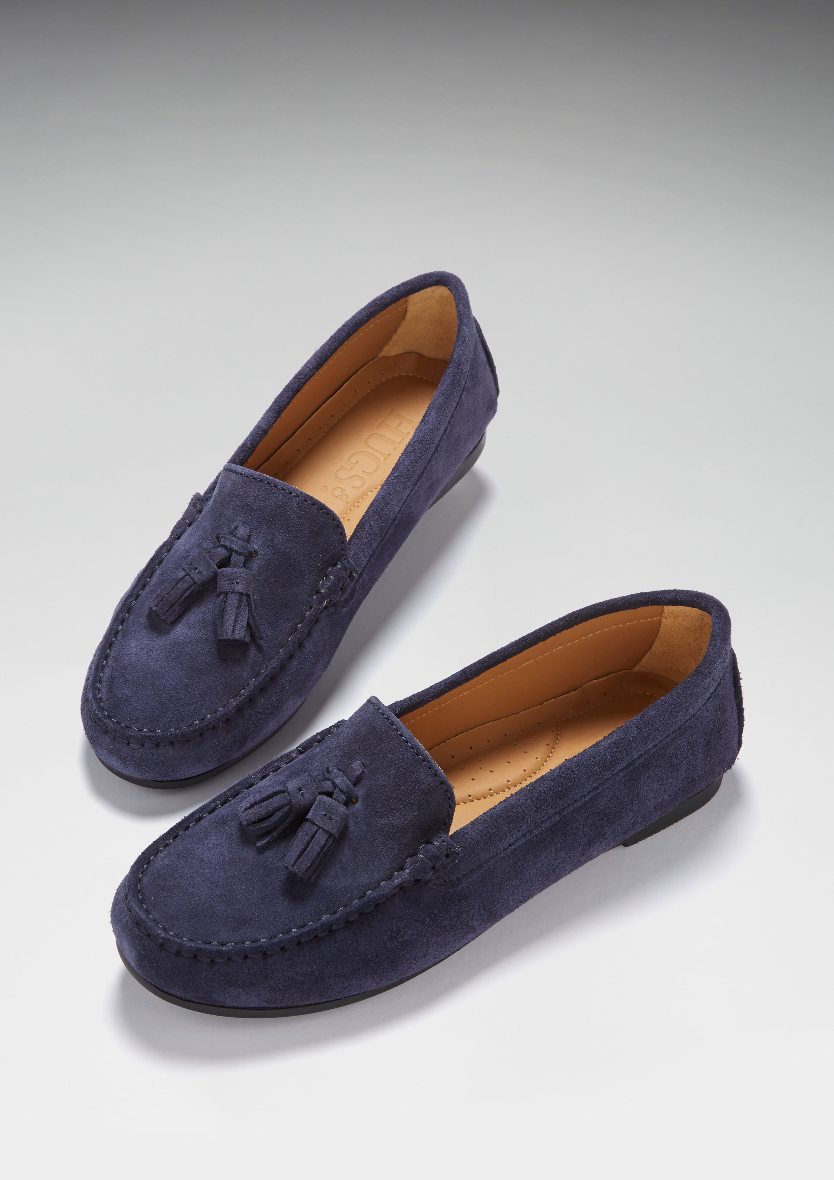 Hugs & Co Womens Tasselled Driving Loafers Full Rubber Sole Navy Blue Suede