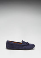 Hugs & Co Womens Tasselled Driving Loafers Full Rubber Sole Navy Blue Suede
