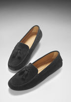 Hugs & Co Womens Tasselled Driving Loafers Black Suede