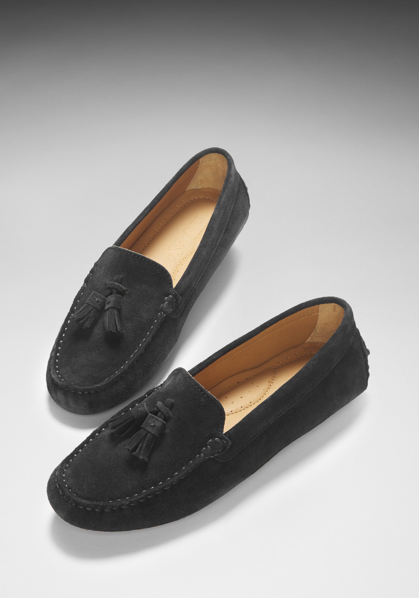 Hugs & Co Womens Tasselled Driving Loafers Black Suede