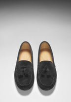 Hugs & Co Womens Tasselled Driving Loafers Black Suede