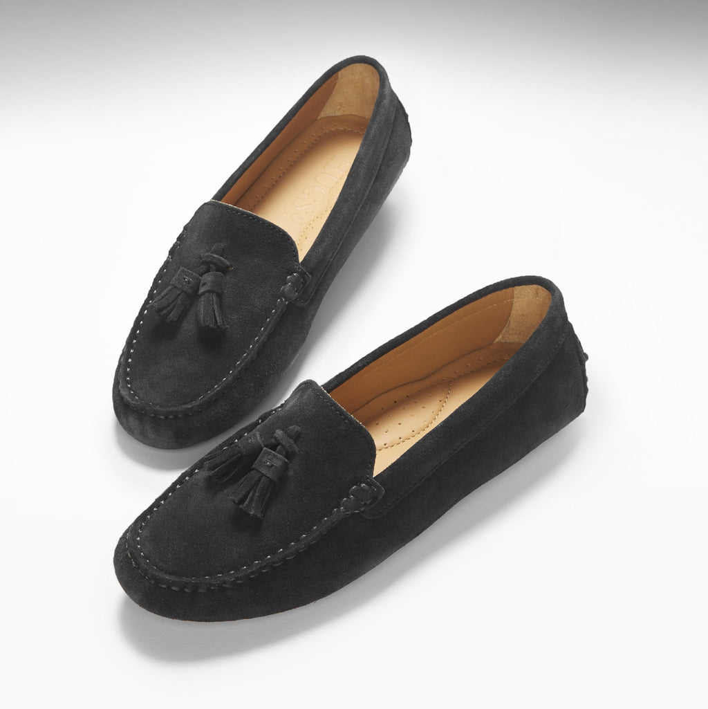 Hugs & Co Womens Tasselled Driving Loafers Black Suede