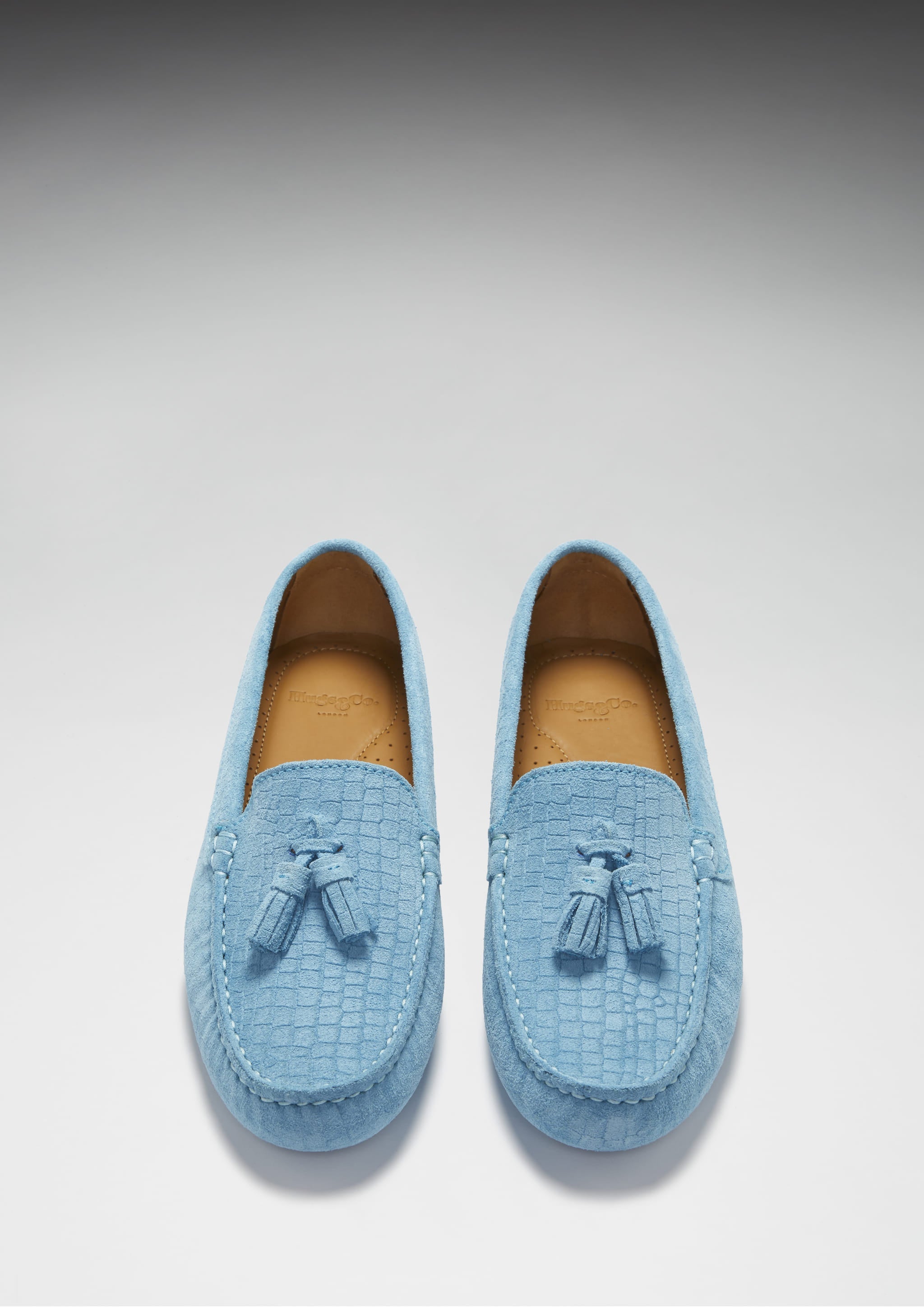 Hugs & Co Womens Tasselled Driving Loafers Blue Embossed Suede