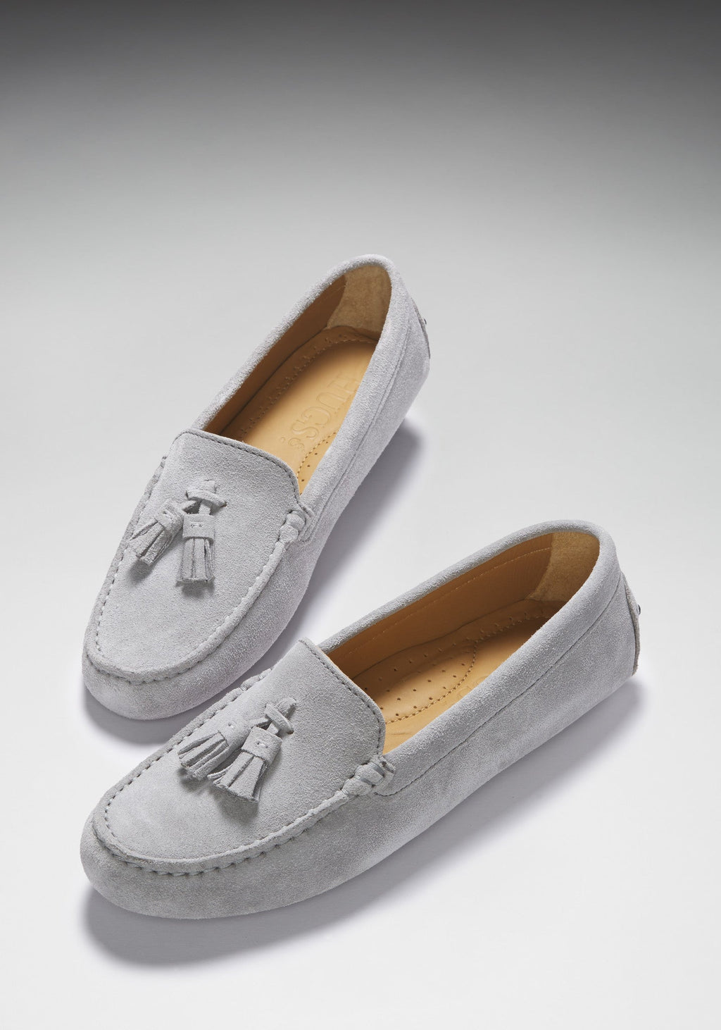 Hugs & Co Womens Tasselled Driving Loafers Dove Grey Suede