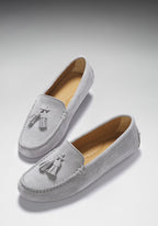 Hugs & Co Womens Tasselled Driving Loafers Dove Grey Suede