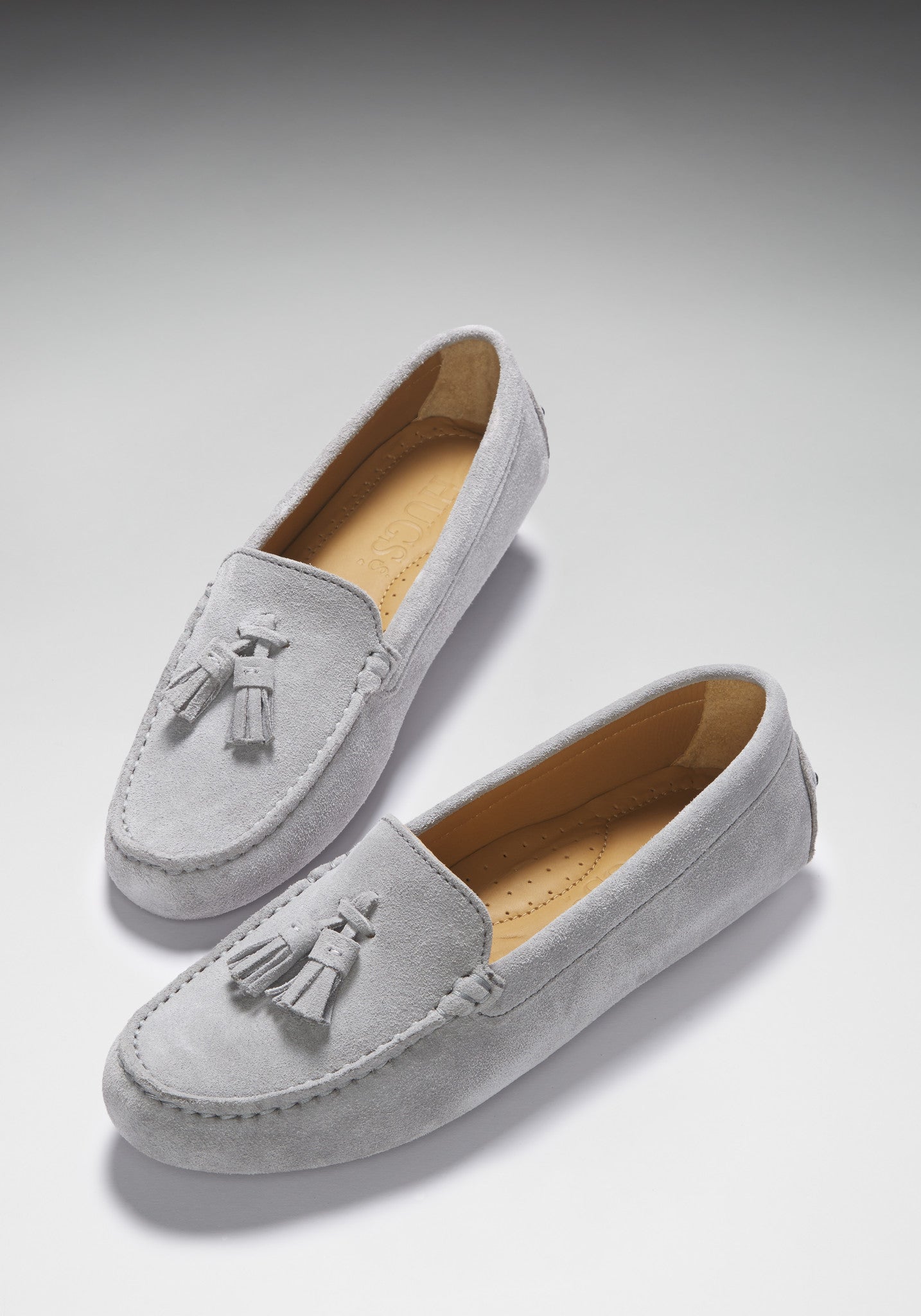 Hugs & Co Womens Tasselled Driving Loafers Dove Grey Suede