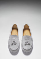 Hugs & Co Womens Tasselled Driving Loafers Dove Grey Suede