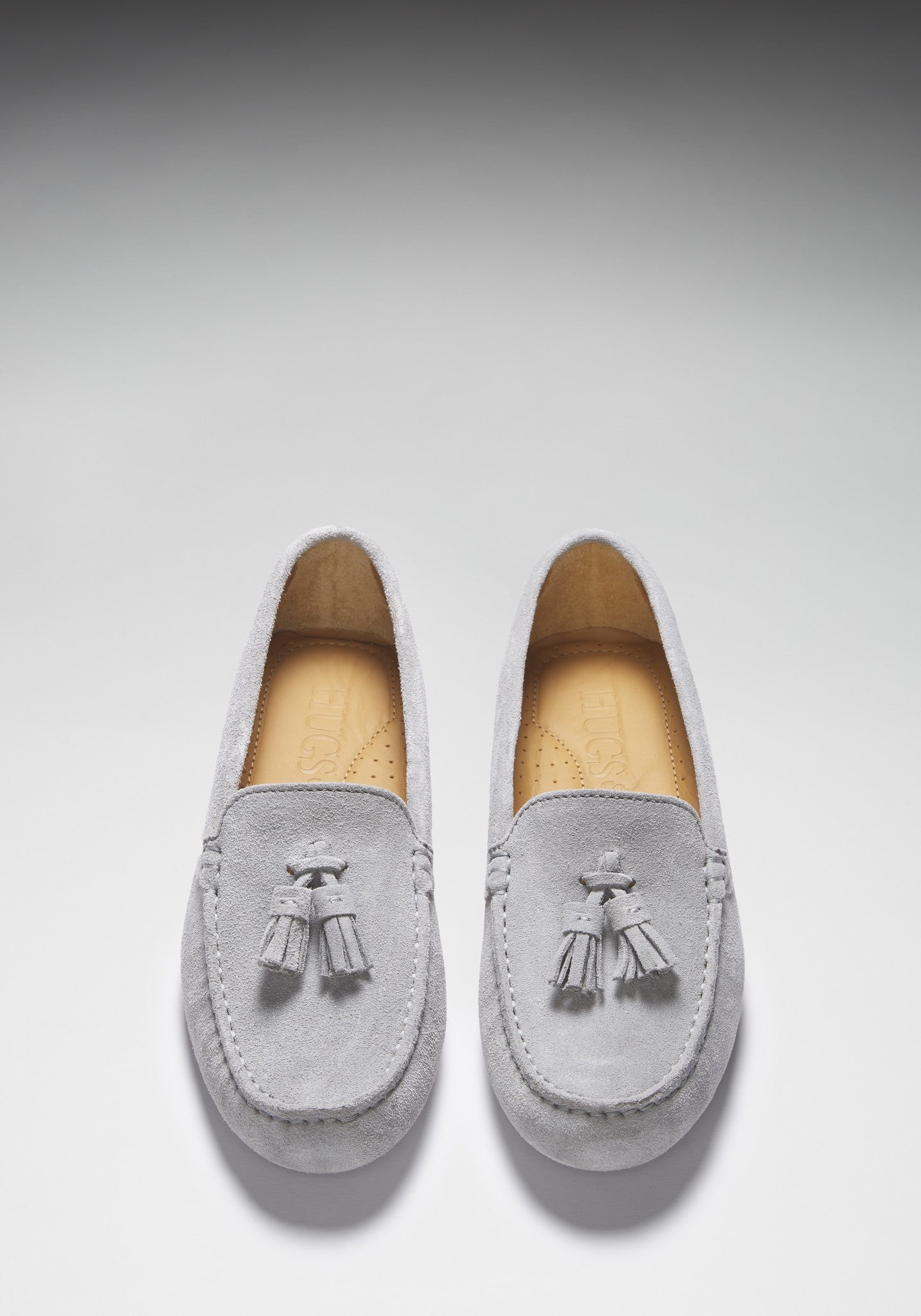 Hugs & Co Womens Tasselled Driving Loafers Dove Grey Suede