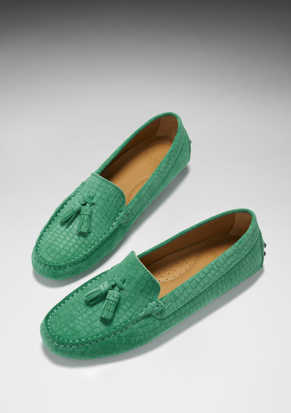 Hugs & Co Womens Tasselled Driving Loafers Emerald Embossed Suede