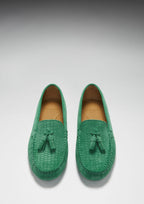 Hugs & Co Womens Tasselled Driving Loafers Emerald Embossed Suede