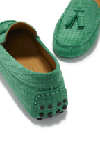 Hugs & Co Womens Tasselled Driving Loafers Emerald Embossed Suede
