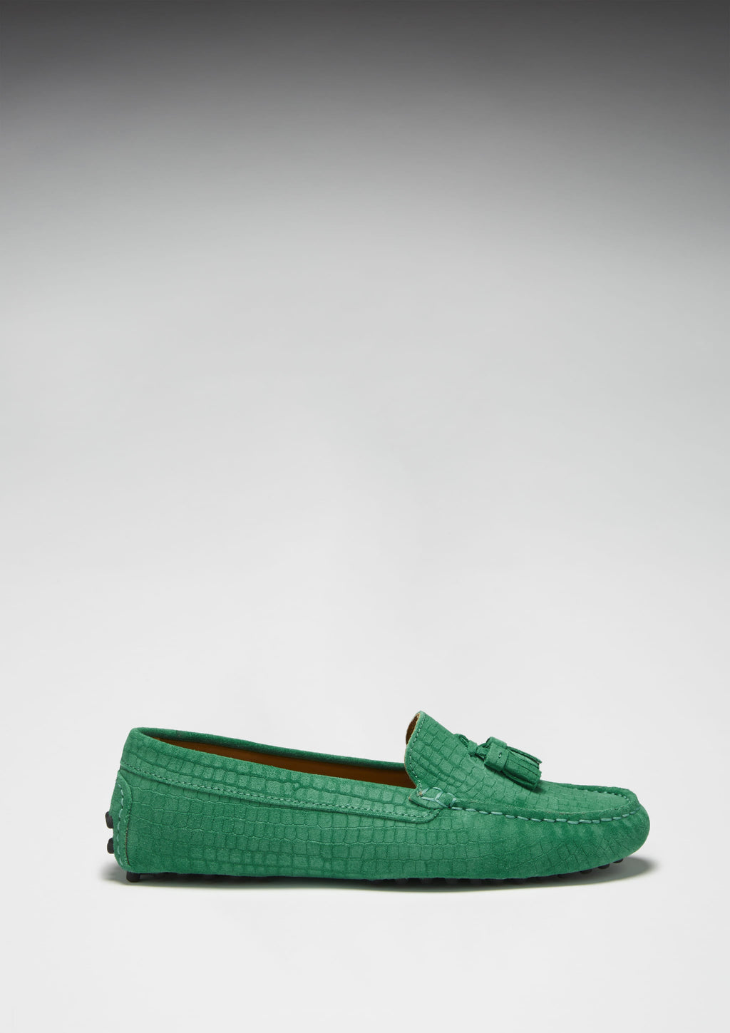 Hugs & Co Womens Tasselled Driving Loafers Emerald Embossed Suede