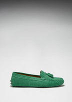 Hugs & Co Womens Tasselled Driving Loafers Emerald Embossed Suede