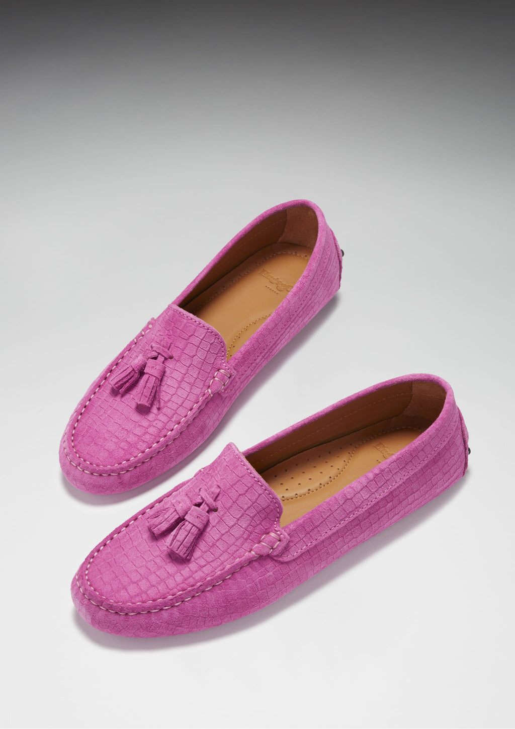 Hugs & Co Womens Tasselled Driving Loafers Pink Embossed Suede