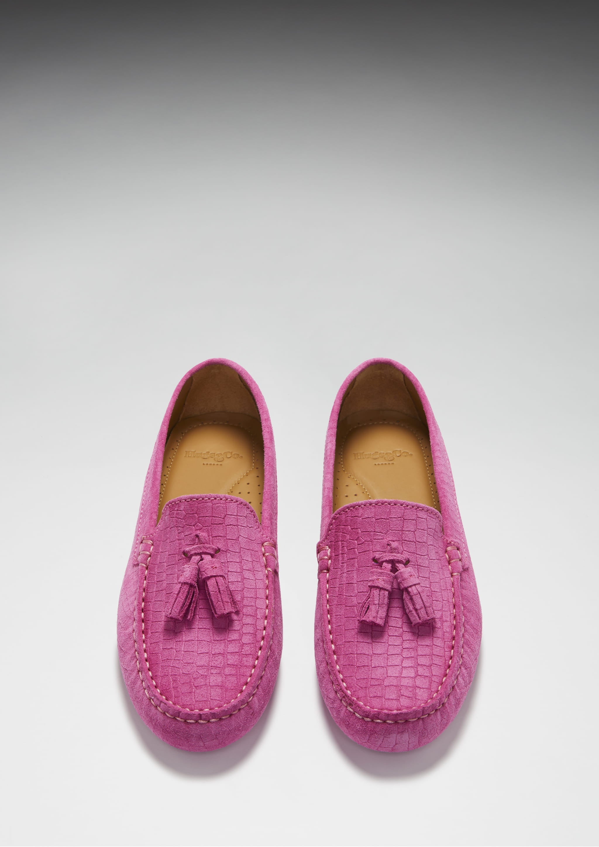 Hugs & Co Womens Tasselled Driving Loafers Pink Embossed Suede