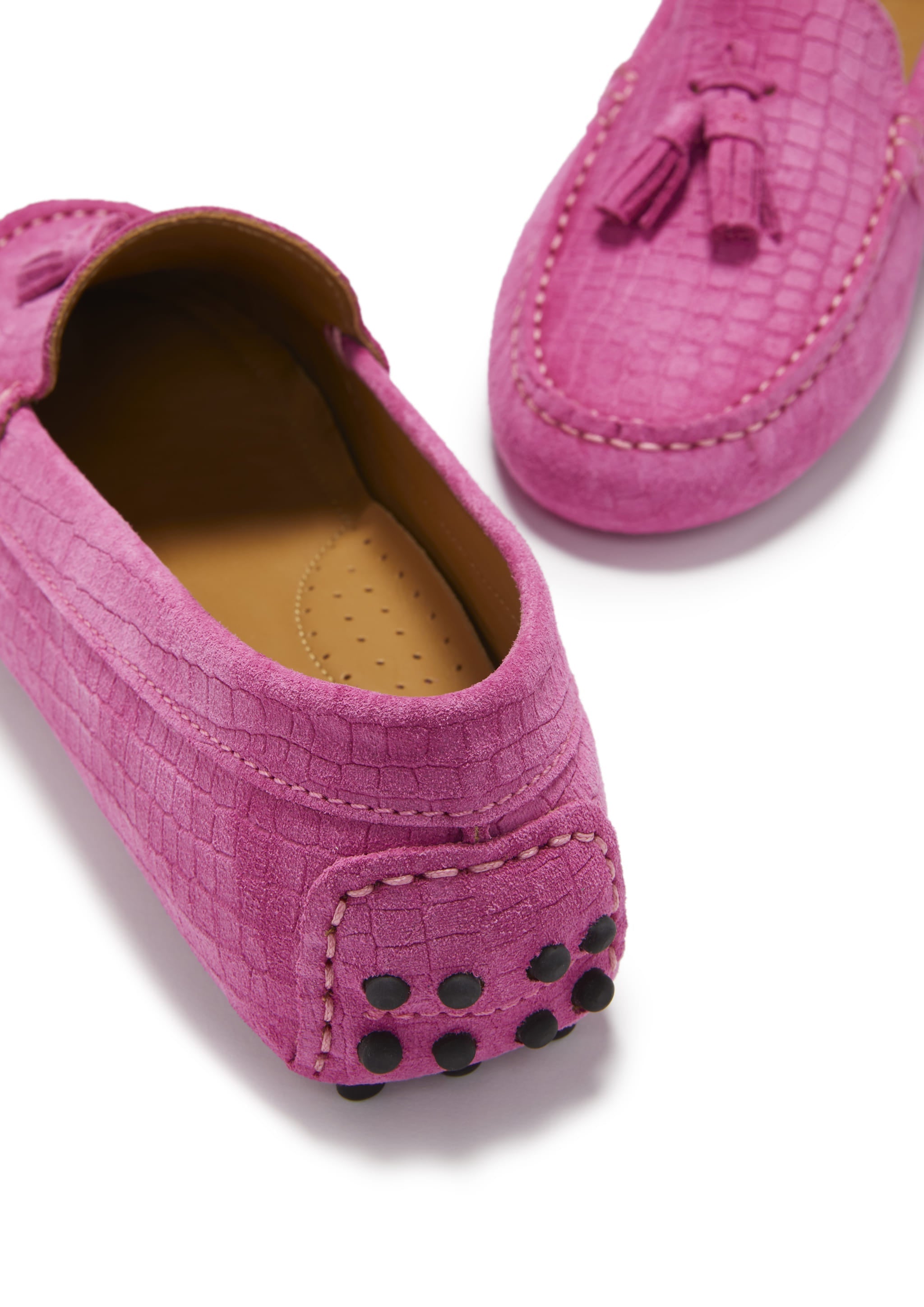 Hugs & Co Womens Tasselled Driving Loafers Pink Embossed Suede