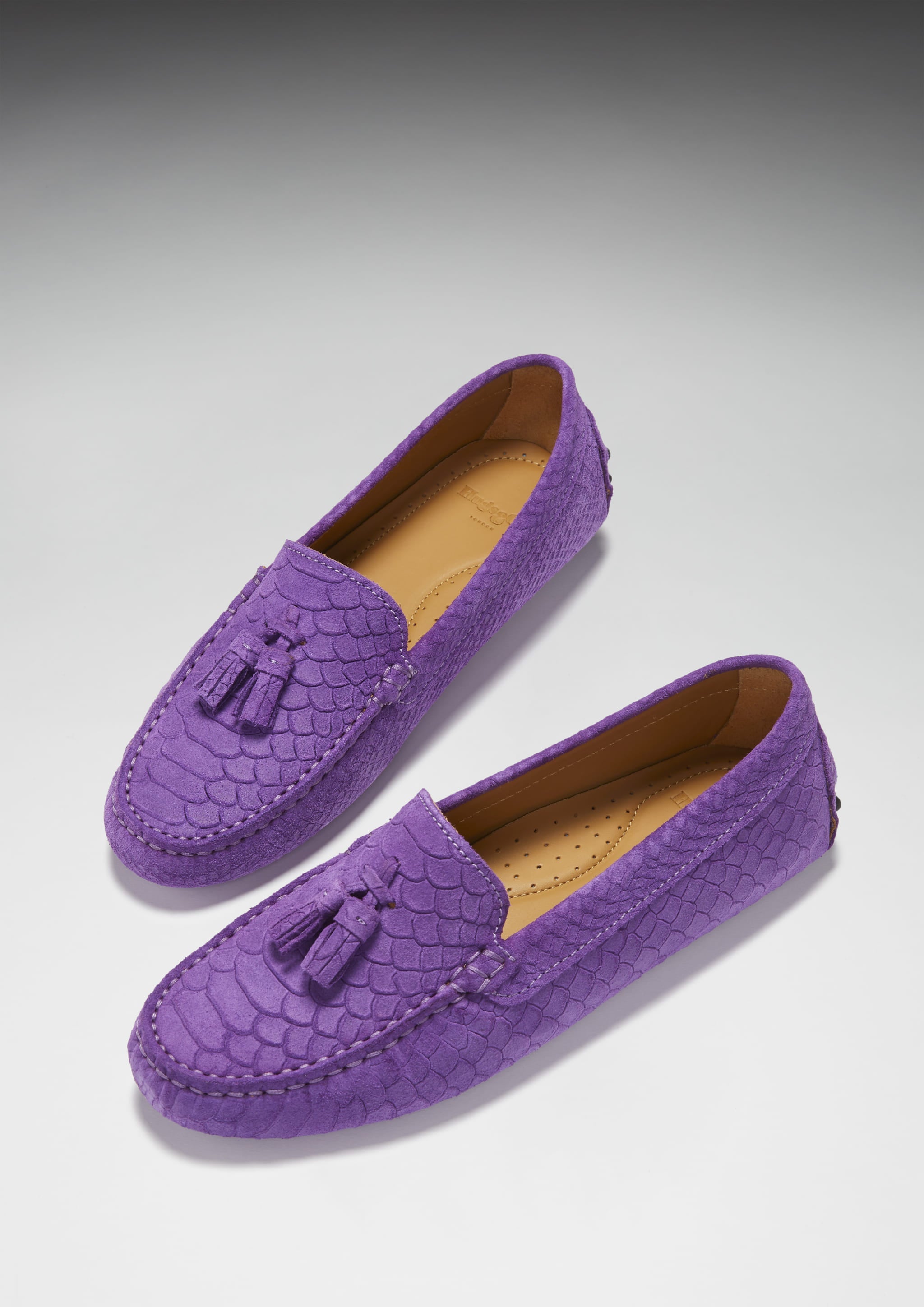 Hugs & Co Womens Tasselled Driving Loafers Purple Embossed Suede