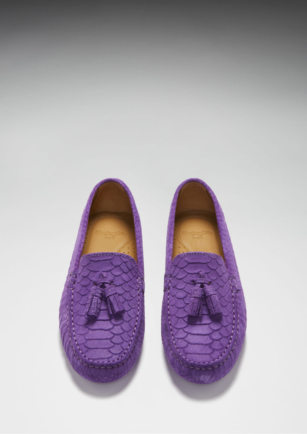 Hugs & Co Womens Tasselled Driving Loafers Purple Embossed Suede