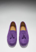 Hugs & Co Womens Tasselled Driving Loafers Purple Embossed Suede