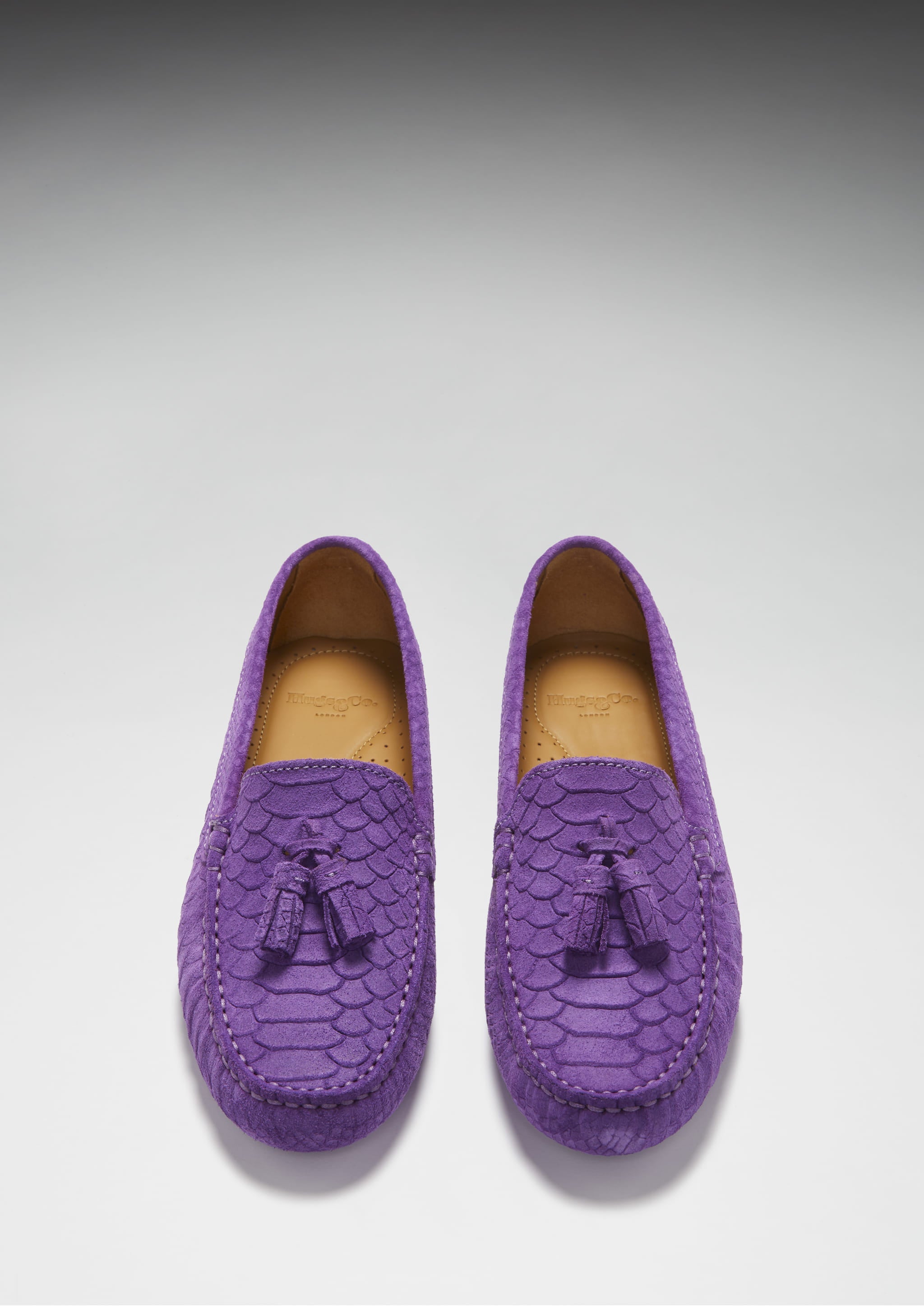 Hugs & Co Womens Tasselled Driving Loafers Purple Embossed Suede