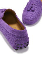 Hugs & Co Womens Tasselled Driving Loafers Purple Embossed Suede