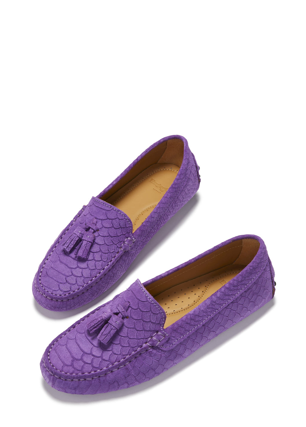 Hugs & Co Womens Tasselled Driving Loafers Purple Embossed Suede