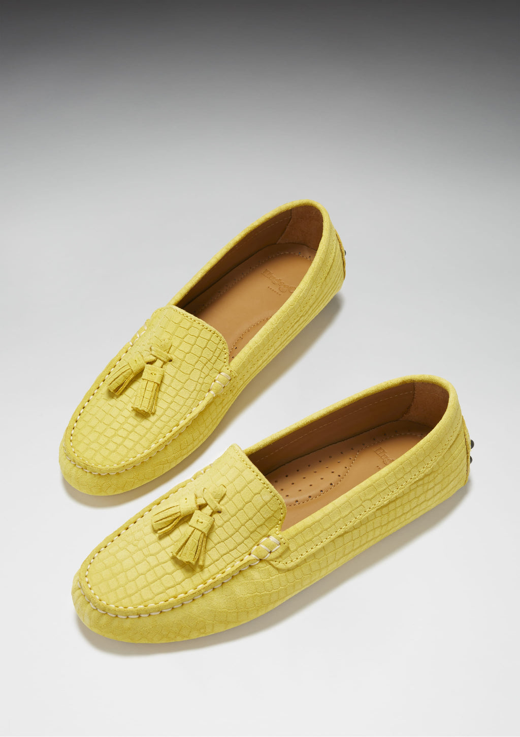 Hugs & Co Womens Tasselled Driving Loafers Yellow Embossed Suede