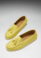 Hugs & Co Womens Tasselled Driving Loafers Yellow Embossed Suede