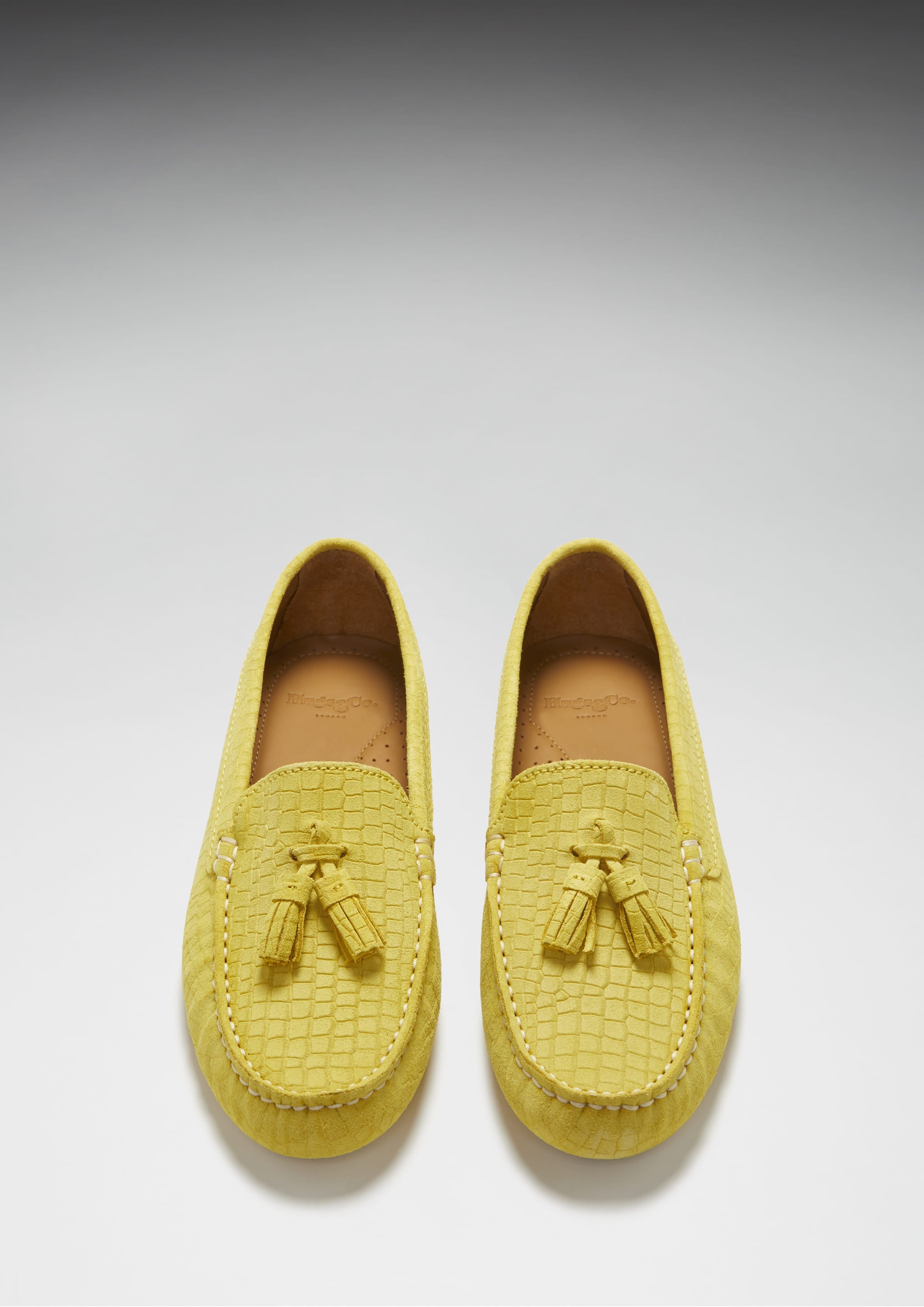 Hugs & Co Womens Tasselled Driving Loafers Yellow Embossed Suede